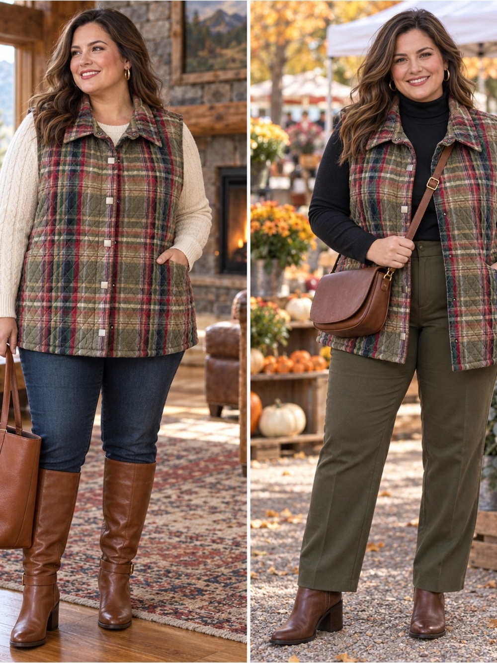 CJ Banks Plaid Quilted Cotton Vest Cottage Cabin 1X